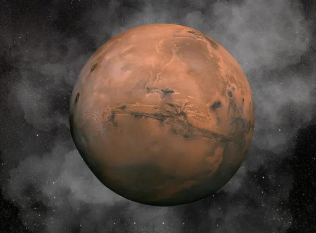 A cracked and bruised reddish brown sphere surround by white smoke
An illustration shows an misty atmosphere around the Red Planet Mars. Could this envelop of gas have "gone to ground" billions of years ago? (Image credit: Robert Lea (created with Canva)/NASA)